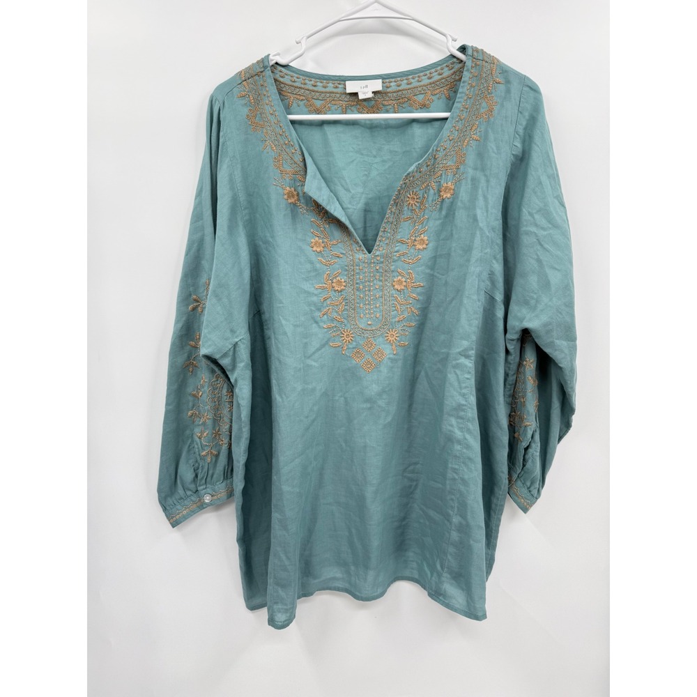 J. Jill Large Tunic Womens Teal Blue Embroidered Cotton Gauze Boho V-Neck Top